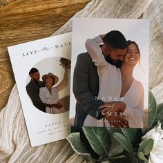 two save - the - date cards with an image of a man and woman on them