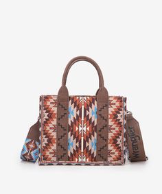 Made of synthetic leather and canvas All-over Aztec pattern print Whipstitch details on the front Top zipper closure Double round handle (Drop: 4.8") Detachable and adjustable Wrangler logo printed nylon crossbody strap(Drop:16.8"-27") 10.5"(L) x 4.8"(W) x 8.2"(H) Interior Capacity: Medium Wrangler Tote Bag, West World, Western Purses And Handbags Fabric, Western Style Hand-tooled Travel Bag, Western Tote Bags, Montana West Purse, Unique Tote Bag, Printed Canvas Tote Bag, Round Handle