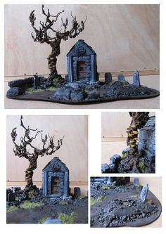 three different views of a fake tree in front of a house with a graveyard on it