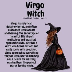 a woman in a black dress with a pumpkin on her hand and the words virgo witch written below