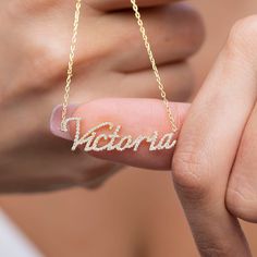 This 14k personalized diamond name necklace is the perfect gift for the bridal party, someone special, or yourself. How to order 1- Pick the fonts you like and send us a message 2- We will send you a picture of your name with the fonts you chose 3- If you like it any of them, place your order. 4- We send a final 3d mock up for approval. 5- Once approved we go ahead and finish your necklace. __________________________________________ M A T E R I A L & L E N G T H Available in 14k Yellow Gold, 14k Elegant Customized Name Necklace For Anniversary Gift, Customizable Elegant Name Necklace For Anniversary, Elegant Personalized Name Necklace For Anniversary, Elegant Letter-shaped Necklaces With Names, Rose Gold Name Necklace For Anniversary, Customizable Rose Gold Name Necklace For Anniversary, Customizable Nameplate Necklace For Anniversary, Customizable Rose Gold Name Necklace For Wedding, Diamond Initials Name Necklace For Anniversary