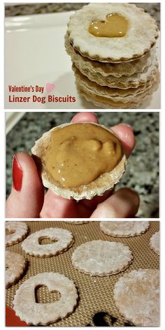 some cookies and peanut butter on top of each other with the words valentine's day linzer dog biscuits