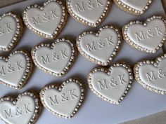 heart shaped cookies with the names mr and mrs on them