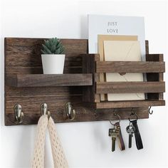 a wooden shelf with keys and key hooks on it, hanging from the wall next to a potted plant