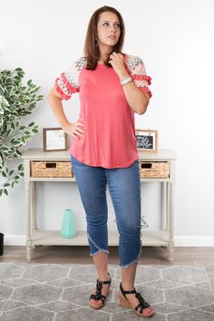 A Little Sass Capri Jeans Back Teacher Outfits, Capri Jeans, Ruffle Sleeves, Cute Shorts, Coral Color, Short Sleeve Top, Statement Jewelry, Short Sleeves Tops, Capri