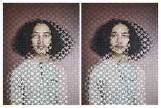 two images of a woman with black hair and white shirt, one is made out of puzzles