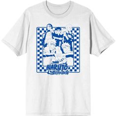 Celebrate your favorite anime series in style with this Naruto Shippuden tee. The shirt features Naruto Uzumaki and other fan favorite characters from the anime pose together in a blue checkered square while blue letters spell out the series title. The tee comes in a white short sleeve crew neck and makes a great gift for Naruto Shippuden fans. Naruto Shirts, Blue Letters, White Tshirt Men, White Graphic Tee, Shirt Stays, Blue Checkered, Sleeve Packaging, Black Graphic Tees, Blue Tee