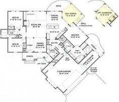 the floor plan for a home with two master suites and an open kitchen area,