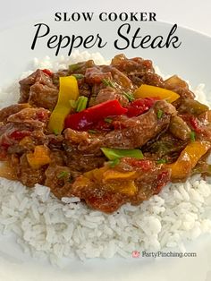 slow cooker pepper steak on white rice with peppers and bell peppers in the foreground