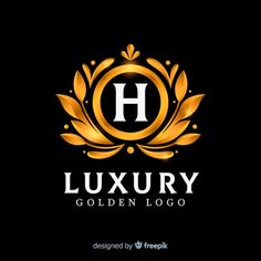 luxury golden logo with laurels and letter h in the center on a black background