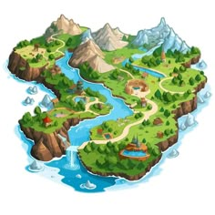 an illustration of a cartoon map with mountains and lakes in the middle, surrounded by water