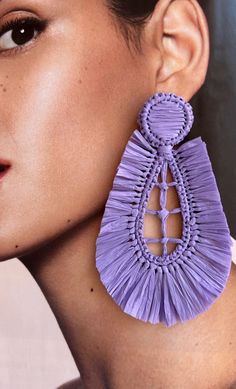 Add a touch of color to your summer wardrobe with these lightweight Boho lilac vegetable fiber earrings. Elevate your summer style with these impressive earrings that will surely attract attention wherever you go.  All the  items are 100% handmade from natural fibers 🍃.Please allow for any color and sizing variations, or natural imperfections created during the hand making process. No two handmade items are alike.  I make sure that each piece made in my workshop is as good as the one shown.  📏 Bohemian Woven Earrings For Spring, Purple Bohemian Earrings For Beach, Spring Bohemian Purple Jewelry, Woven Earrings For Summer Festivals, Summer Festival Woven Earrings, Purple Earrings For Summer Beach, Purple Bohemian Jewelry For Summer, Elegant Purple Earrings For Beach, Elegant Purple Beach Earrings