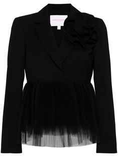 black wool blend tulle panels floral appliqué notched lapels off-centre front button fastening long sleeves Spring Evening Blazer With Lapel Collar, Evening Blazer With Lapel Collar For Spring, Spring Evening Tailored Blazer, Tailored Evening Blazer For Spring, Wardrobe Edit, Yoko London, Couture Runway, Blazer Black, Breasted Blazer