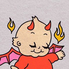 a drawing of a baby with horns and fire on his head, holding onto a book