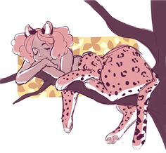 a drawing of a woman laying on top of a cheetah in front of a tree