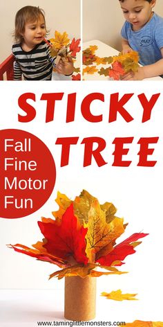 two children playing with fall leaves and sticky fine motor fun for toddlers to make