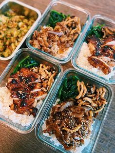 four plastic containers filled with different types of food on top of a wooden table next to rice and broccoli