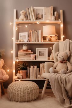 light tan neutral bookshelf and chair for nursery Room Bookshelf Ideas, Nursery Book Storage, Book Themed Nursery, Girls Bookshelf, Apartment Nursery, Green Bookshelves, Nursery Bookcase, Baby Baker