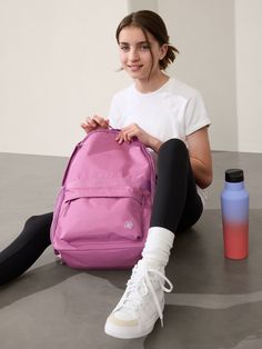 FOR: School, practice, and play FEEL: Water-resistant and durable fabric FAVE: Adjustable straps for personalized fit Dimensions: 11.5" x 6" x 17". Pink Backpack Outfit, Cute Backpacks For College, Backpack For School, Backpack Outfit, Mini Backpacks, Bra Dress, College Backpack, Cute Backpacks, Girl Online