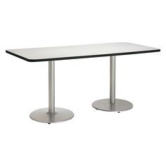 a rectangular table with two circular bases and a glass top on an isolated white background