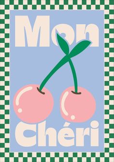 a blue and green checkered background with two cherries