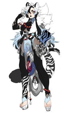 an anime character in black and white with zebra print on her body, standing next to a