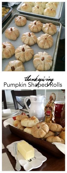 pumpkin shaped rolls are sitting on a tray next to butter and other baked goods in the background