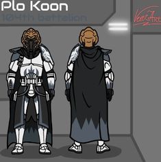 two people in costumes standing next to each other with the words plo koon on them