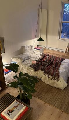 a bedroom with a bed, plant and books on the floor