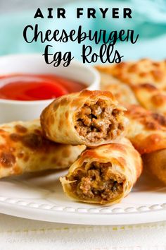 an air fryer cheeseburger egg rolls on a plate