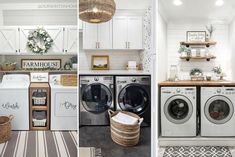 three pictures of different types of washers and dryers in a laundry room, with the words farmhouse written on them