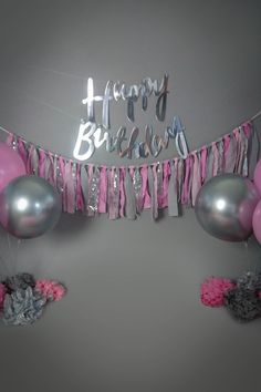 a happy birthday banner with balloons and streamers