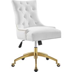 a white office chair with gold wheels