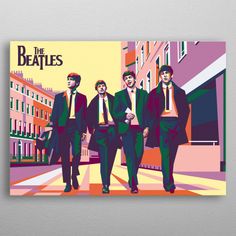 the beatles poster on a wall in an urban setting with buildings and people walking down the street