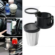 three different pictures showing the inside of a car with coffee cups and other items in it