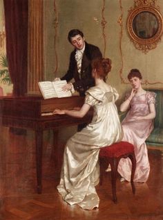 a painting of two people sitting at a piano and one woman standing in front of the piano