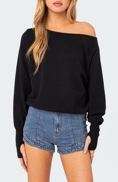 EDIKTED Oversize Off the Shoulder Sweater | Nordstrom Cozy Oversized Sweaters, Off The Shoulder Sweater, Sweater Oversized, Off Shoulder Sweater, Girls Blouse, Sweater Design, Oversized Sweater, Thumb Holes, Ribbed Sweater