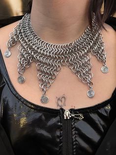 Chainmail style jester/clown collar with spiral charms. Give me 5-9 days to make one and ship it out Clown Collar, Jester Clown, Chainmaille Jewelry, Give Me 5, Chainmail Jewelry, Chain Maille Jewelry, Ship It, Chain Mail, Safety Pin