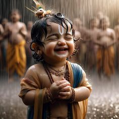 a baby laughing while standing in the rain