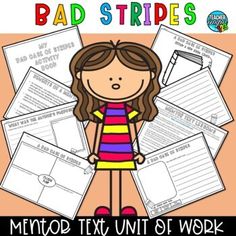 a girl standing in front of a pile of papers with the words bad stripes on it