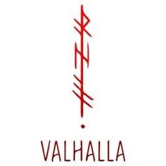 the word valhalla written in red on a white background