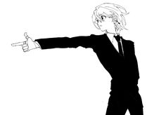 a black and white drawing of a man in a suit pointing his finger at something