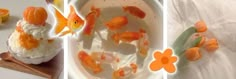 there are three pictures with goldfish in the water and one has orange flowers on it