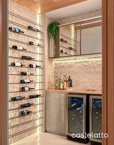 a wine rack in the corner of a kitchen