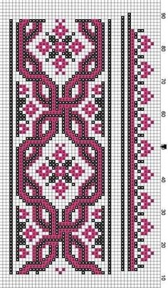 a cross stitch pattern with pink and black designs on white paper, in the shape of a