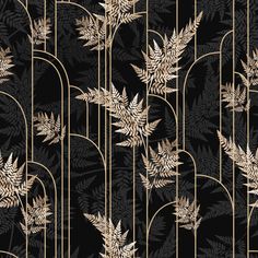 a black and gold wallpaper with leaves on it