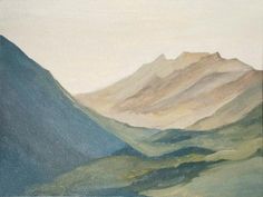 an oil painting of mountains and valleys in pastel colors on paper with watercolor pencils