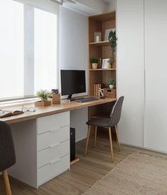 an office with a desk, chair and computer