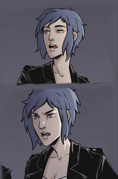 two images of the same person with blue hair