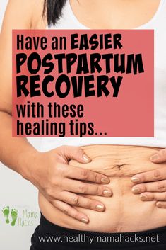 a woman holding her stomach with the words have an easier postpartum recovery with these heating tips